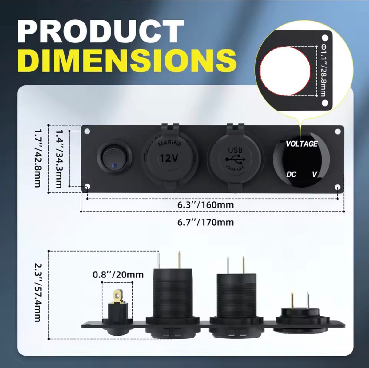 4 in 1 12V USB Charger Socket Panel | Dual USB 4.8A, Voltmeter, 12V Power Outlet & Switch | 4WD, Caravan, Boat, Canopy & Ute